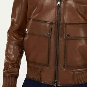 Michael Kors Premium Brown Bomber Flight Jacket Mockneck